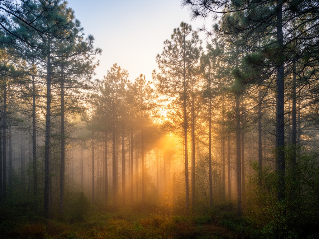 Panorama sereno de bosque templado con niebla matutina entre árboles de pino y luz dorada filtrándose entre las ramas al amanecer