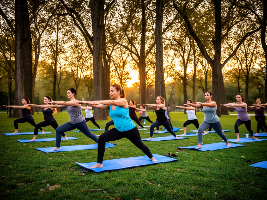Grupo de personas practicando yoga al aire libre en parque con árboles altos al amanecer, en postura guerrera sobre esterillas azules