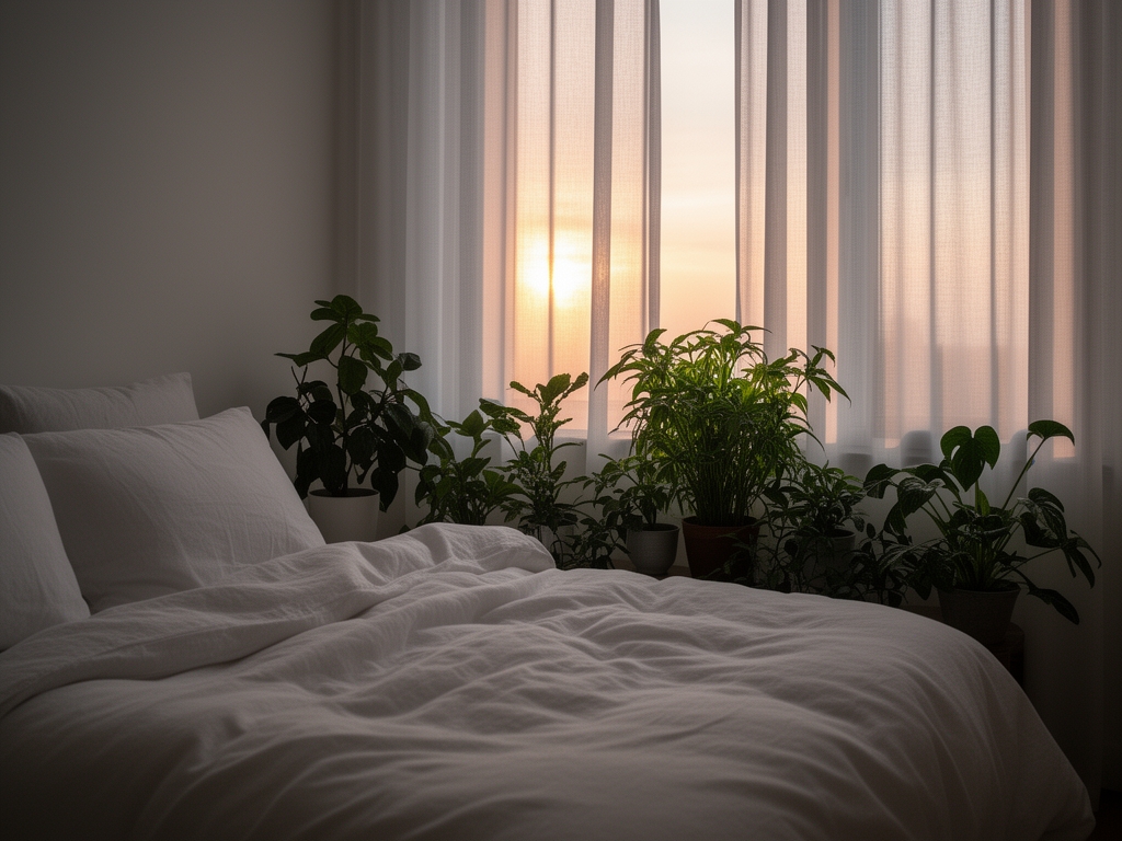 Habitación serena con luz tenue al atardecer, ropa de cama blanca suave y plantas naturales junto a la ventana con cortinas translúcidas
