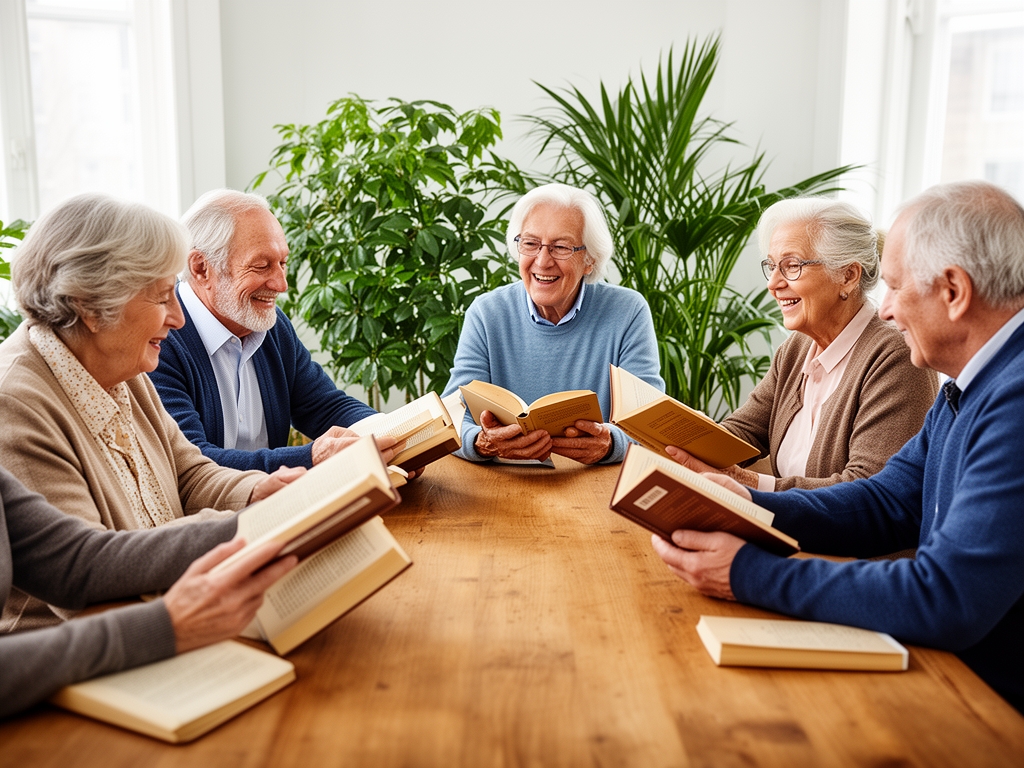 Personas mayores reunidas en una sala luminosa leyendo libros y conversando alrededor de una mesa de madera con plantas en el fondo