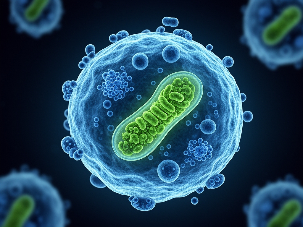 Ilustración científica abstracta de estructura celular con mitocondrias y orgánulos celulares en tonos azul y verde sobre fondo oscuro