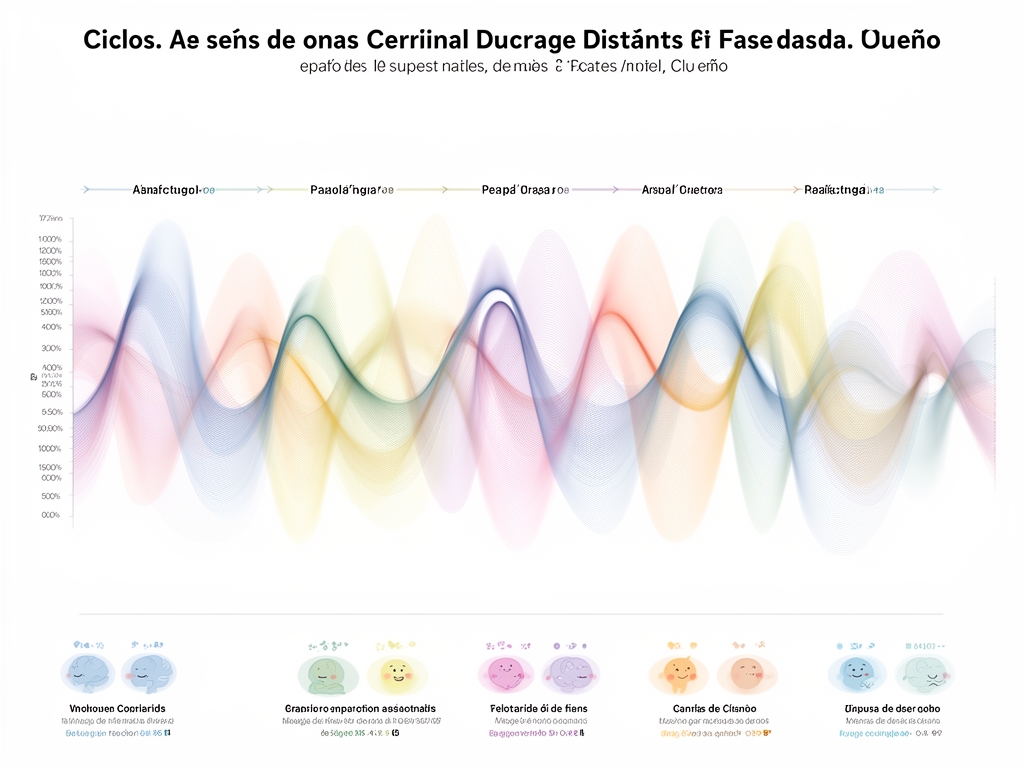Diagrama visual abstracto de ciclos de ondas cerebrales durante distintas fases del sueño representado con líneas suaves y colores pastel