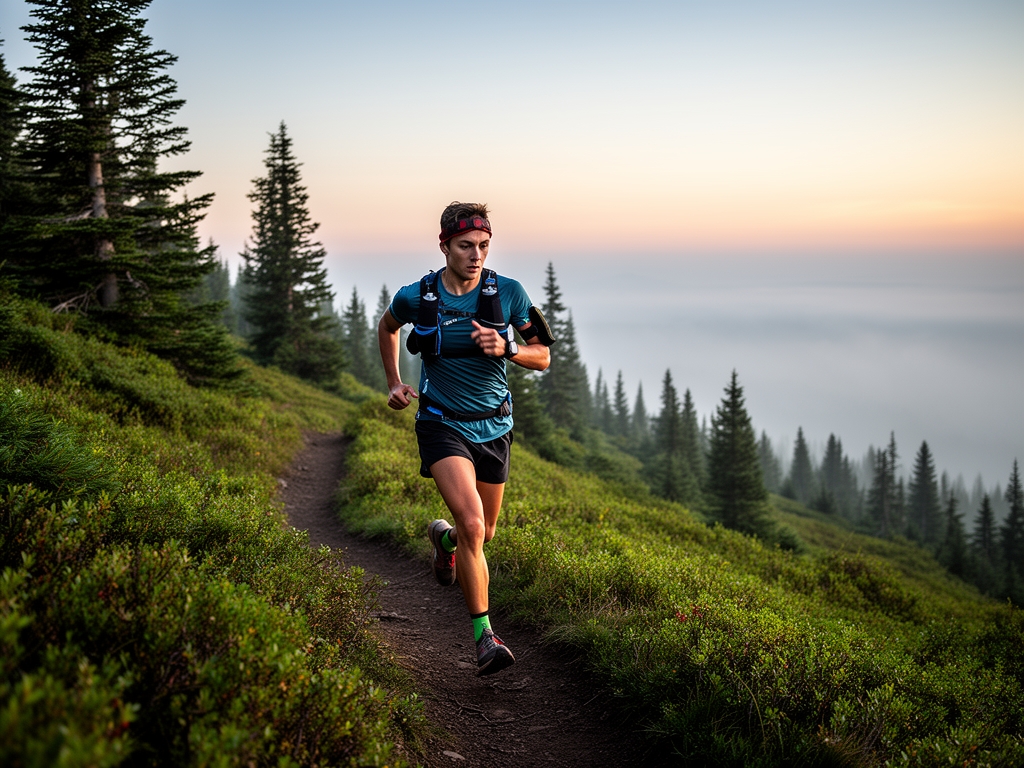 Persona corriendo en sendero de montaña rodeado de pinos y vegetación verde al amanecer con niebla suave en el horizonte