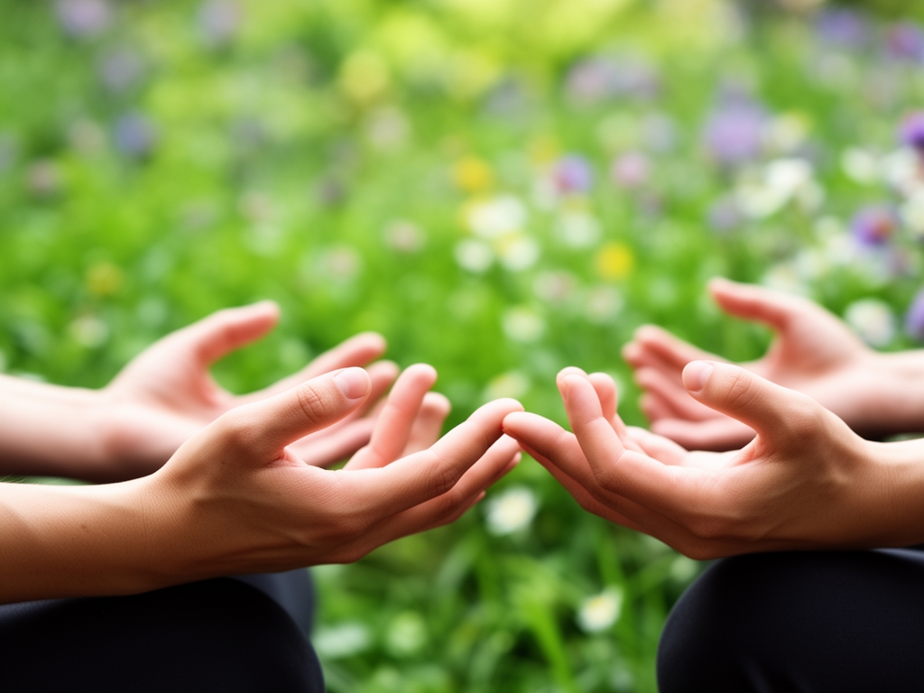 Primer plano de manos abiertas en postura de meditación sobre fondo de naturaleza borrosa con flores y follaje verde